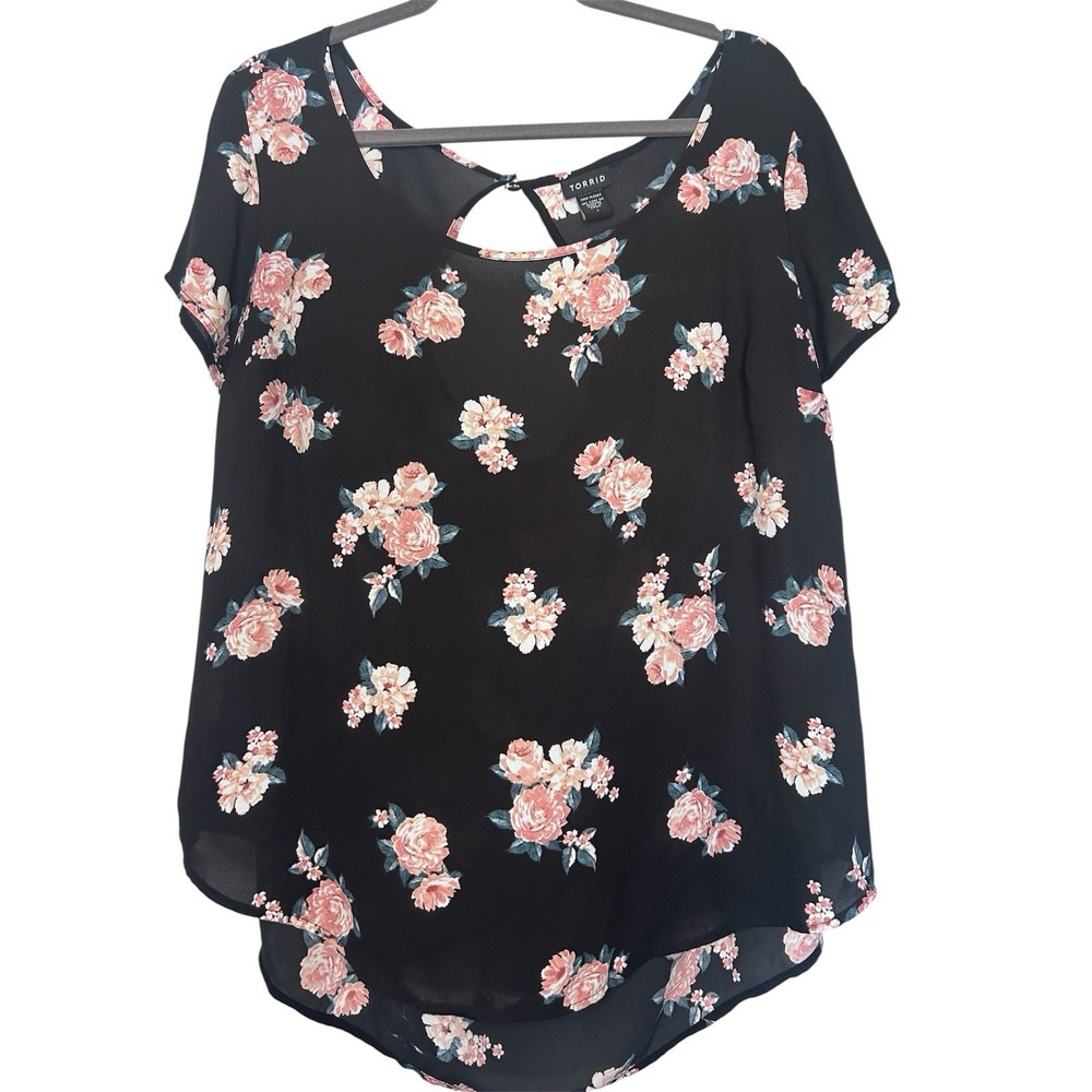 Torrid Floral Print Georgette Drape Back Top Black Size 1 (14/16) Chiffon Flowy